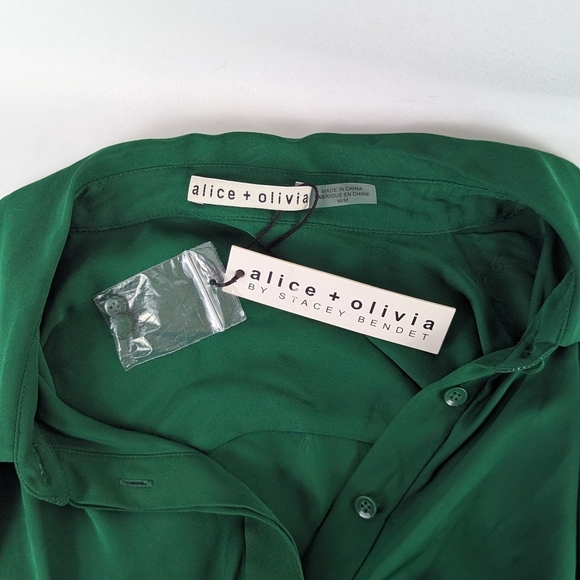 alice+olivia Avita Shirtdress Long Sleeve Above Knee Asymmetric Hem Green M NWT - Picture 6 of 14